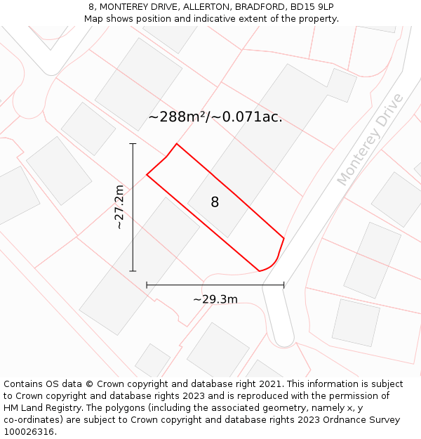 8, MONTEREY DRIVE, ALLERTON, BRADFORD, BD15 9LP: Plot and title map