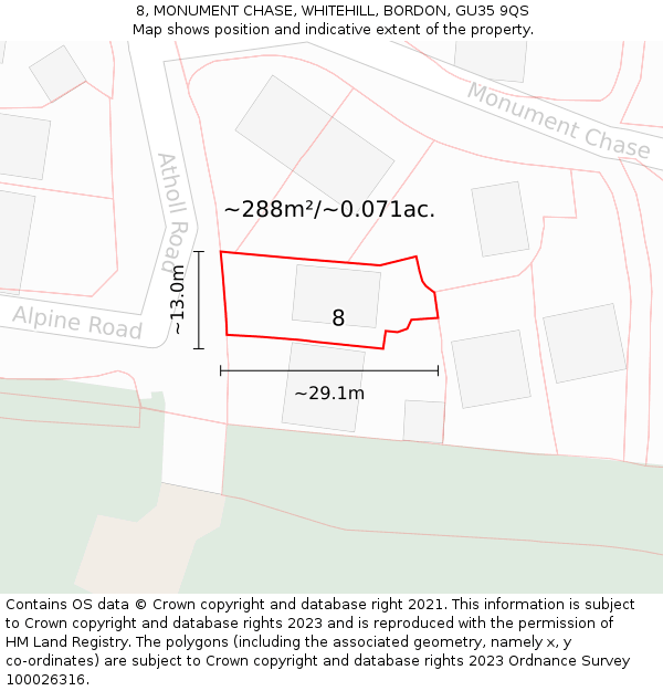 8, MONUMENT CHASE, WHITEHILL, BORDON, GU35 9QS: Plot and title map