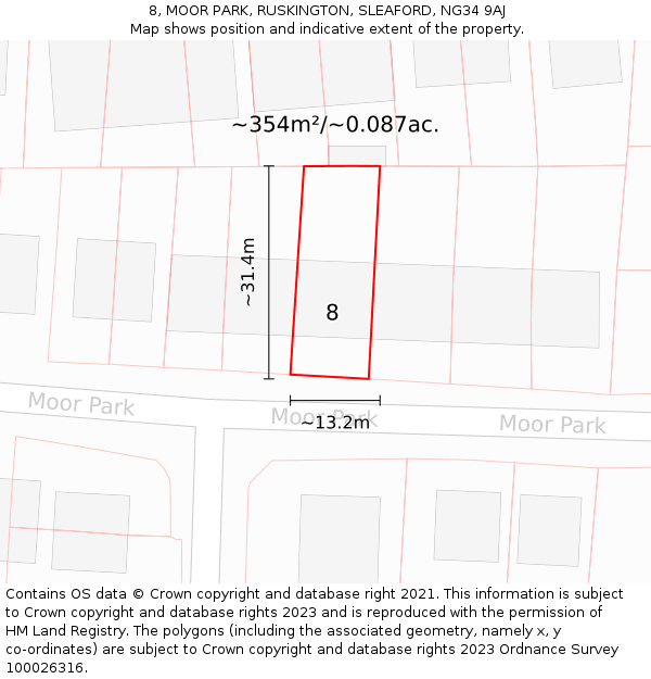 8, MOOR PARK, RUSKINGTON, SLEAFORD, NG34 9AJ: Plot and title map