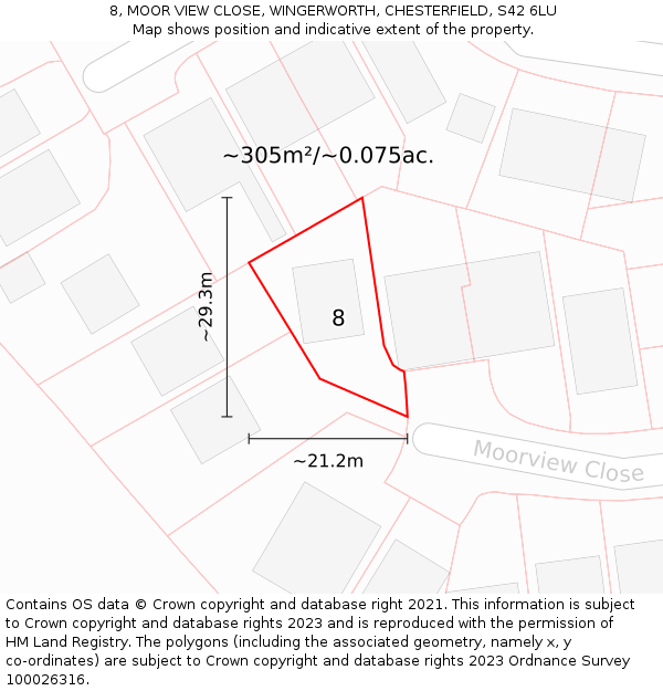 8, MOOR VIEW CLOSE, WINGERWORTH, CHESTERFIELD, S42 6LU: Plot and title map