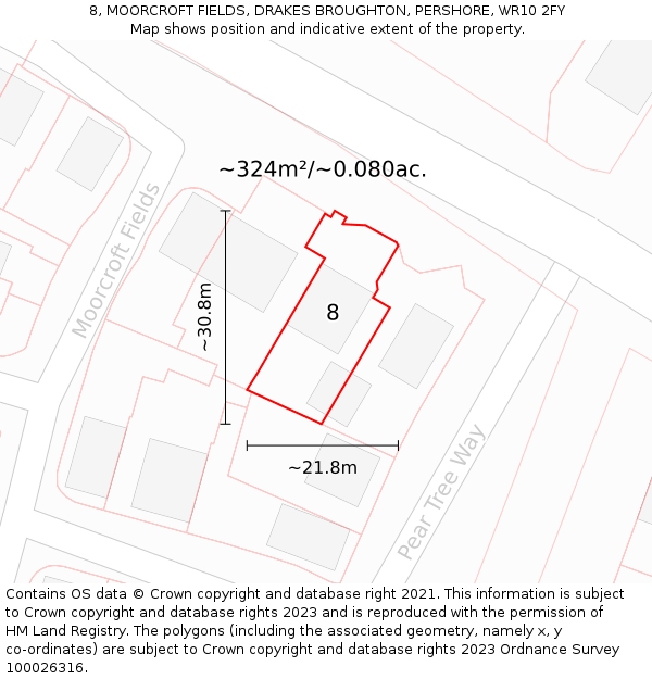 8, MOORCROFT FIELDS, DRAKES BROUGHTON, PERSHORE, WR10 2FY: Plot and title map