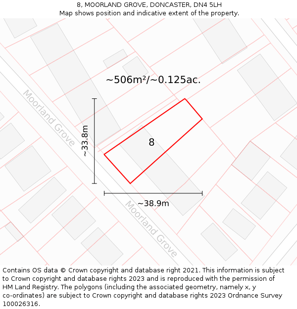 8, MOORLAND GROVE, DONCASTER, DN4 5LH: Plot and title map
