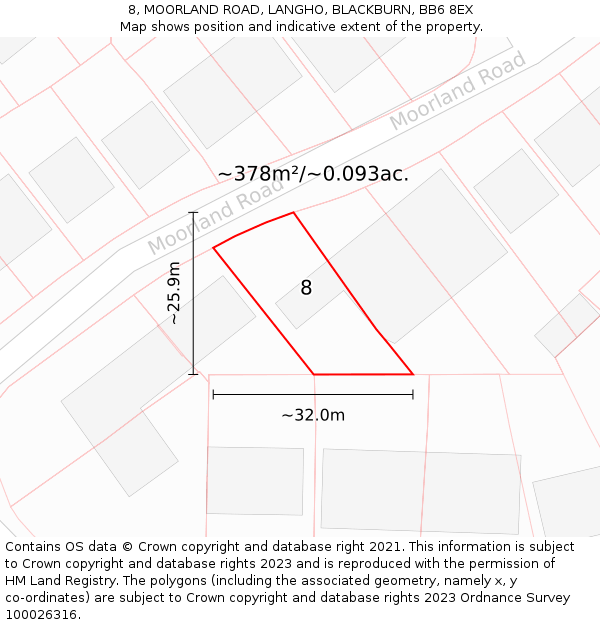 8, MOORLAND ROAD, LANGHO, BLACKBURN, BB6 8EX: Plot and title map