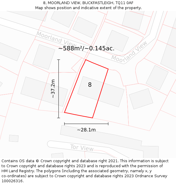 8, MOORLAND VIEW, BUCKFASTLEIGH, TQ11 0AF: Plot and title map