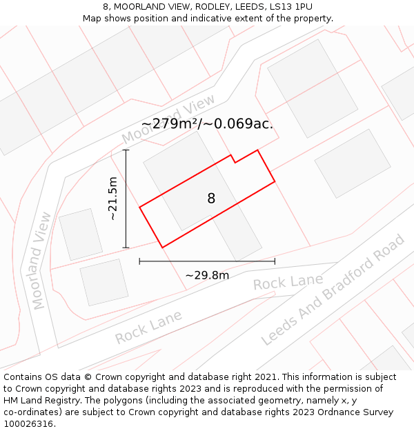 8, MOORLAND VIEW, RODLEY, LEEDS, LS13 1PU: Plot and title map