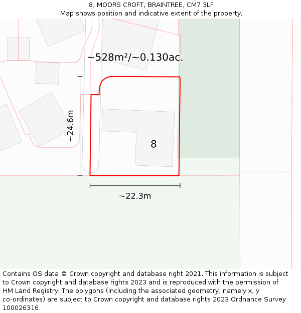 8, MOORS CROFT, BRAINTREE, CM7 3LF: Plot and title map