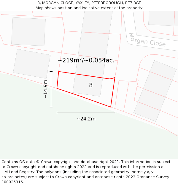 8, MORGAN CLOSE, YAXLEY, PETERBOROUGH, PE7 3GE: Plot and title map