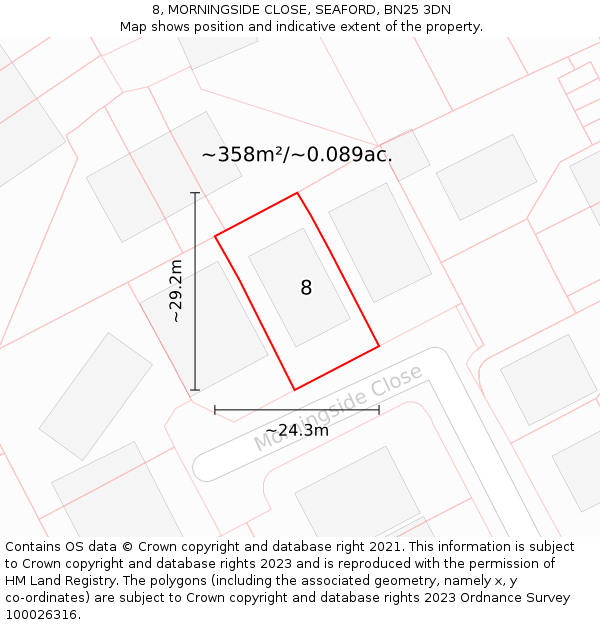 8, MORNINGSIDE CLOSE, SEAFORD, BN25 3DN: Plot and title map