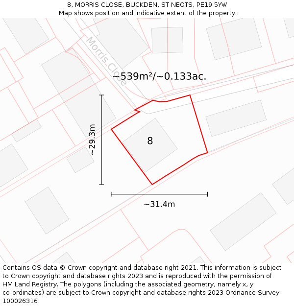 8, MORRIS CLOSE, BUCKDEN, ST NEOTS, PE19 5YW: Plot and title map