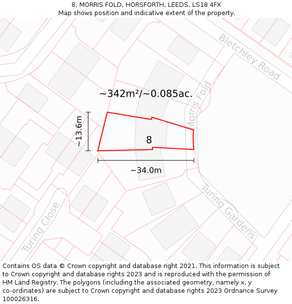 8, MORRIS FOLD, HORSFORTH, LEEDS, LS18 4FX: Plot and title map