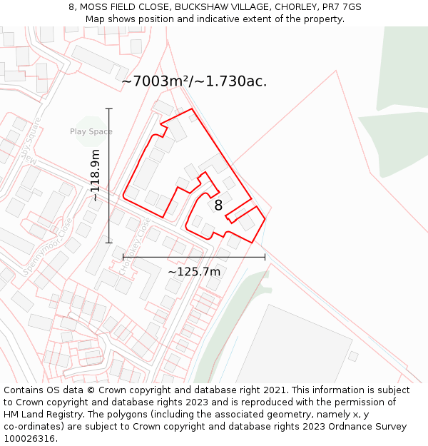 8, MOSS FIELD CLOSE, BUCKSHAW VILLAGE, CHORLEY, PR7 7GS: Plot and title map