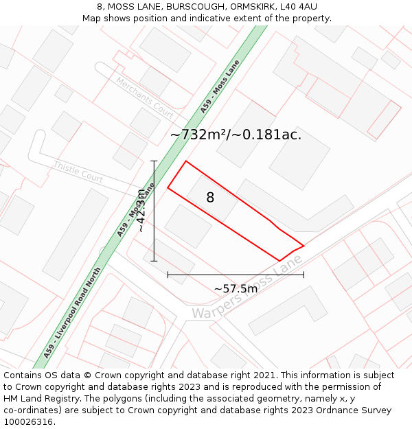 8, MOSS LANE, BURSCOUGH, ORMSKIRK, L40 4AU: Plot and title map