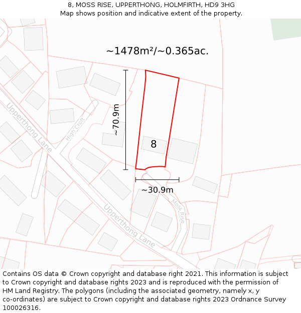 8, MOSS RISE, UPPERTHONG, HOLMFIRTH, HD9 3HG: Plot and title map
