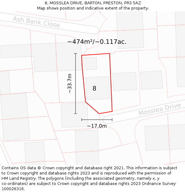 8, MOSSLEA DRIVE, BARTON, PRESTON, PR3 5AZ: Plot and title map