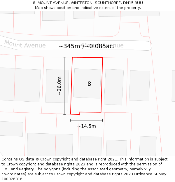 8, MOUNT AVENUE, WINTERTON, SCUNTHORPE, DN15 9UU: Plot and title map