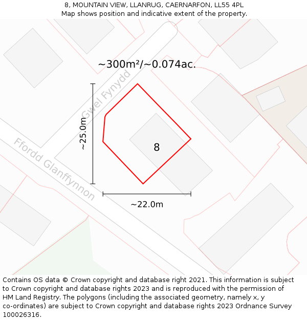8, MOUNTAIN VIEW, LLANRUG, CAERNARFON, LL55 4PL: Plot and title map