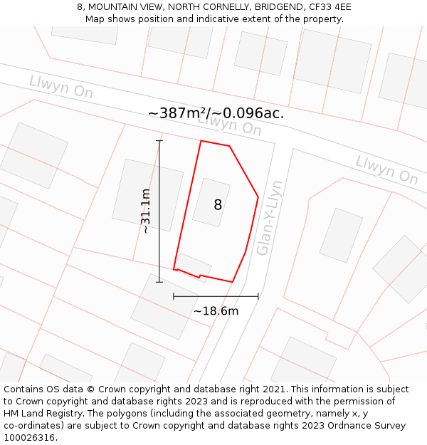 8, MOUNTAIN VIEW, NORTH CORNELLY, BRIDGEND, CF33 4EE: Plot and title map