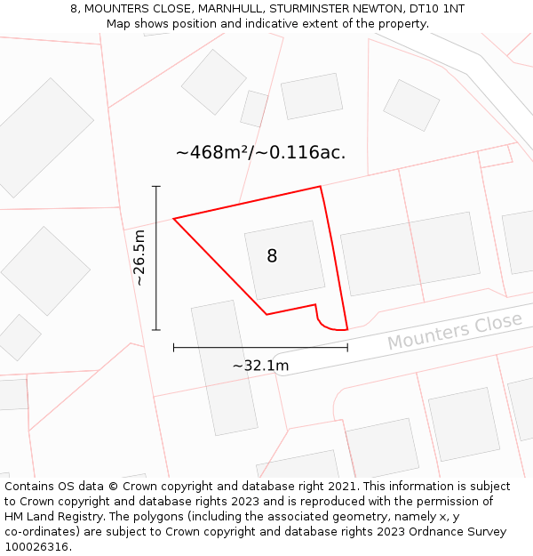 8, MOUNTERS CLOSE, MARNHULL, STURMINSTER NEWTON, DT10 1NT: Plot and title map