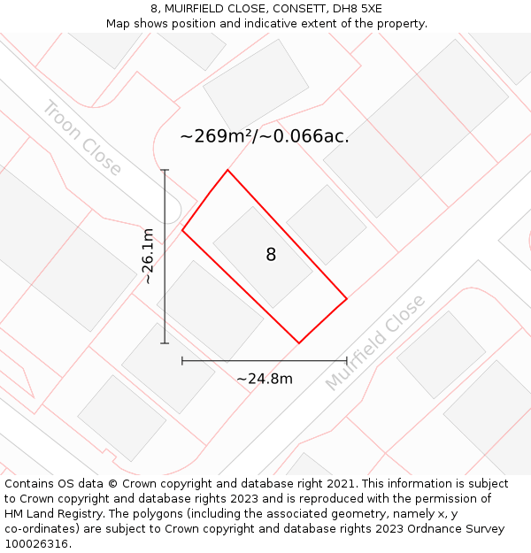 8, MUIRFIELD CLOSE, CONSETT, DH8 5XE: Plot and title map