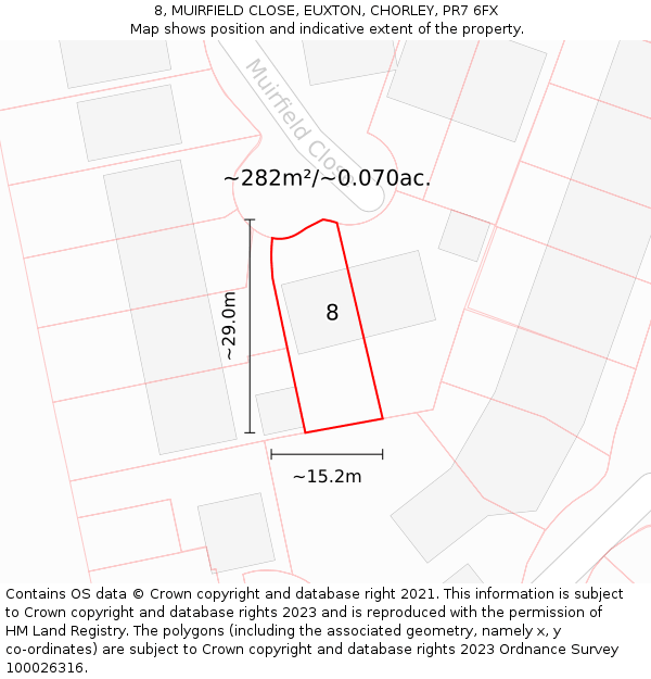8, MUIRFIELD CLOSE, EUXTON, CHORLEY, PR7 6FX: Plot and title map