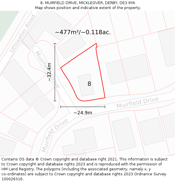 8, MUIRFIELD DRIVE, MICKLEOVER, DERBY, DE3 9YA: Plot and title map