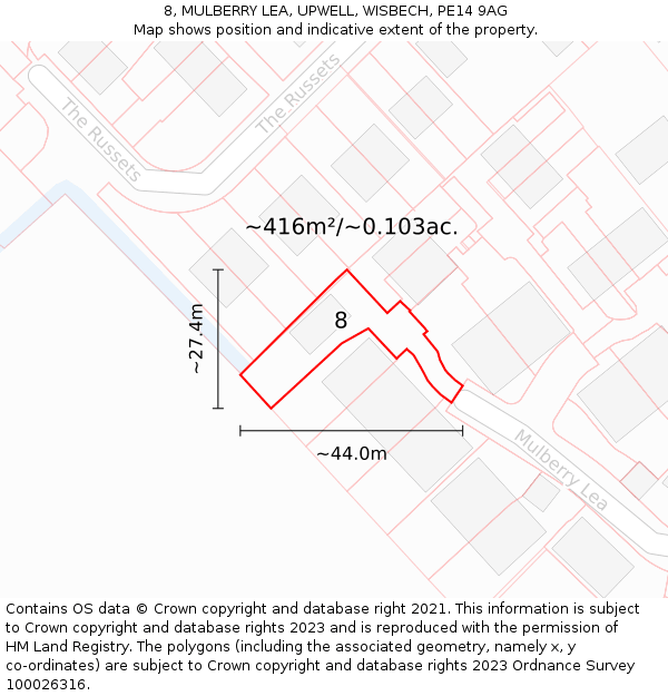 8, MULBERRY LEA, UPWELL, WISBECH, PE14 9AG: Plot and title map