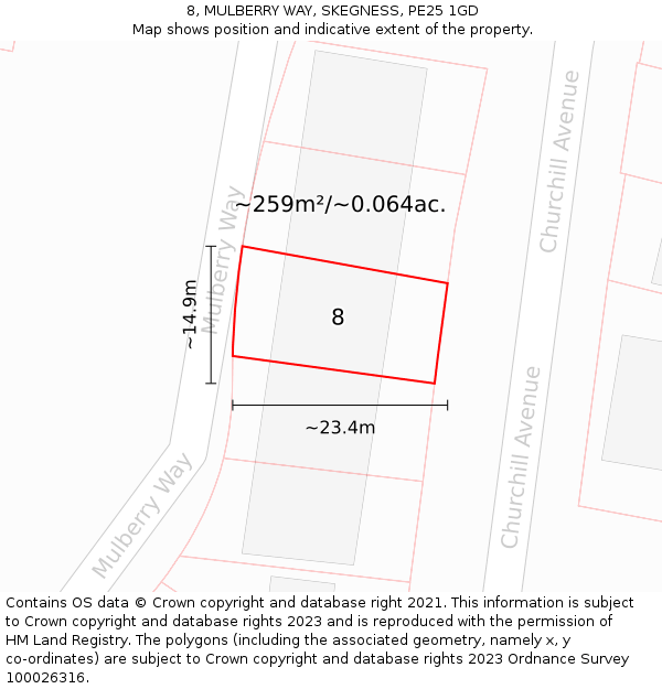 8, MULBERRY WAY, SKEGNESS, PE25 1GD: Plot and title map