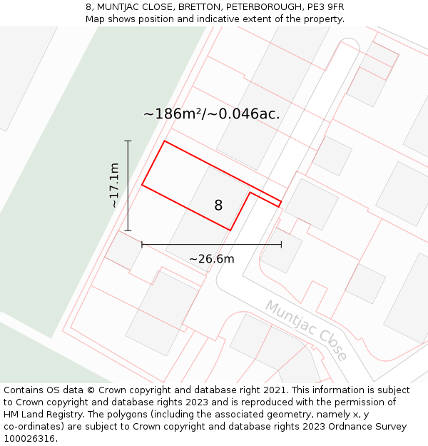 8, MUNTJAC CLOSE, BRETTON, PETERBOROUGH, PE3 9FR: Plot and title map