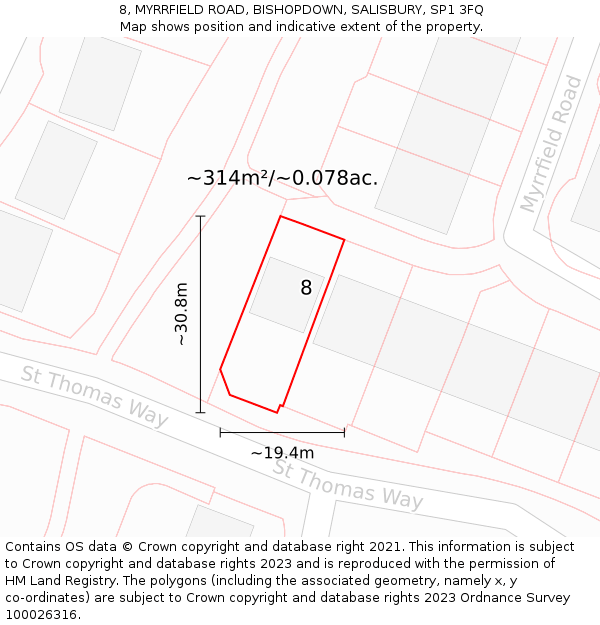 8, MYRRFIELD ROAD, BISHOPDOWN, SALISBURY, SP1 3FQ: Plot and title map