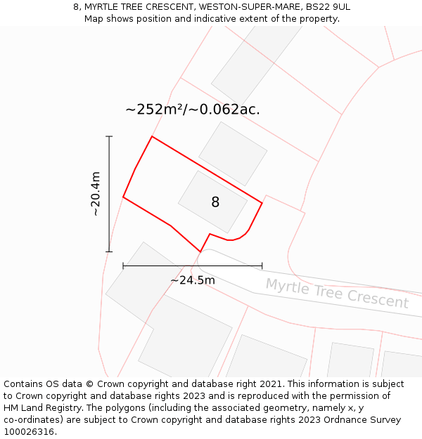 8, MYRTLE TREE CRESCENT, WESTON-SUPER-MARE, BS22 9UL: Plot and title map