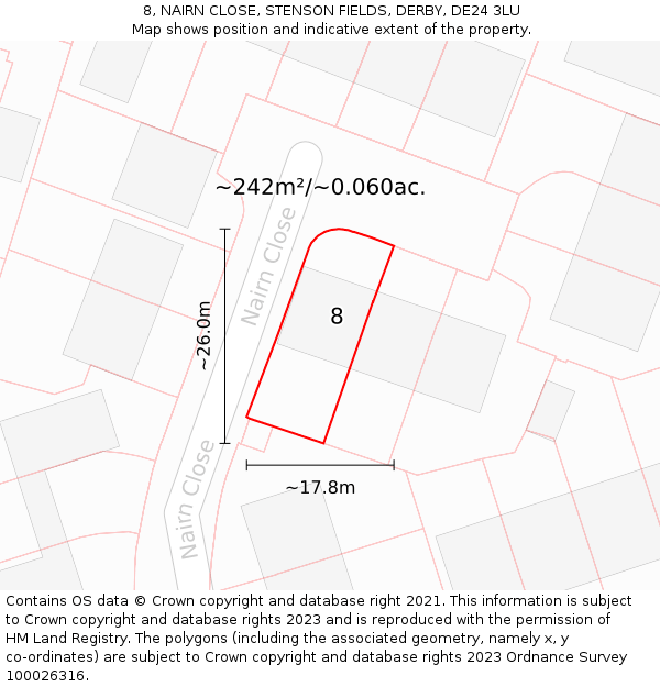 8, NAIRN CLOSE, STENSON FIELDS, DERBY, DE24 3LU: Plot and title map