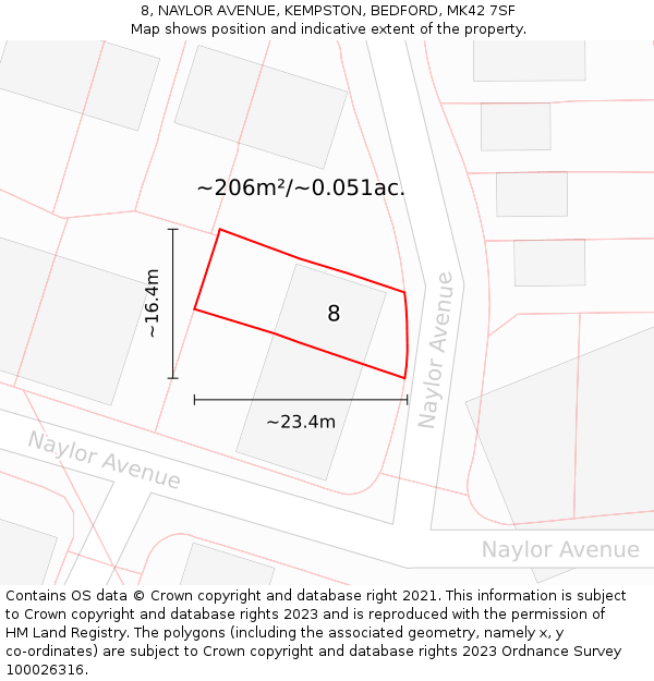8, NAYLOR AVENUE, KEMPSTON, BEDFORD, MK42 7SF: Plot and title map