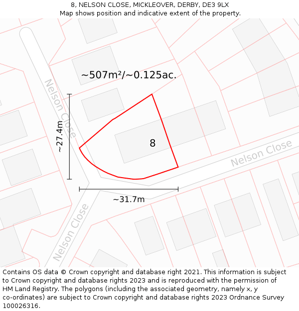 8, NELSON CLOSE, MICKLEOVER, DERBY, DE3 9LX: Plot and title map