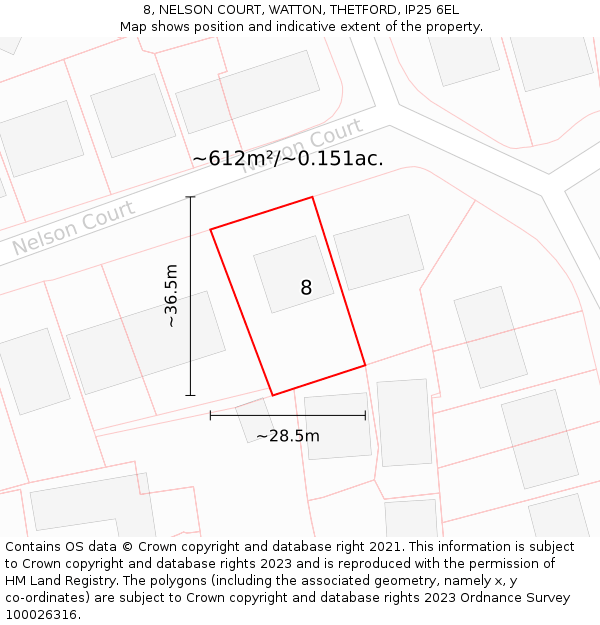 8, NELSON COURT, WATTON, THETFORD, IP25 6EL: Plot and title map