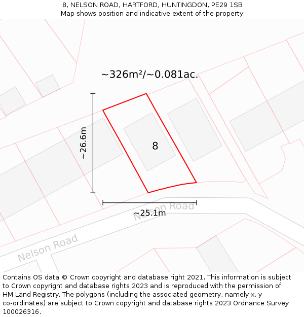 8, NELSON ROAD, HARTFORD, HUNTINGDON, PE29 1SB: Plot and title map
