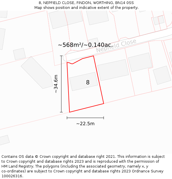 8, NEPFIELD CLOSE, FINDON, WORTHING, BN14 0SS: Plot and title map