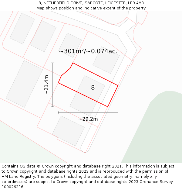 8, NETHERFIELD DRIVE, SAPCOTE, LEICESTER, LE9 4AR: Plot and title map