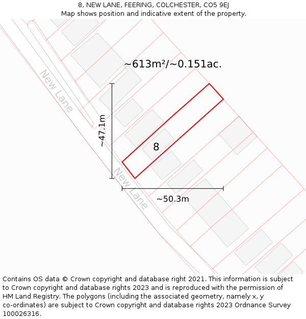 8, NEW LANE, FEERING, COLCHESTER, CO5 9EJ: Plot and title map