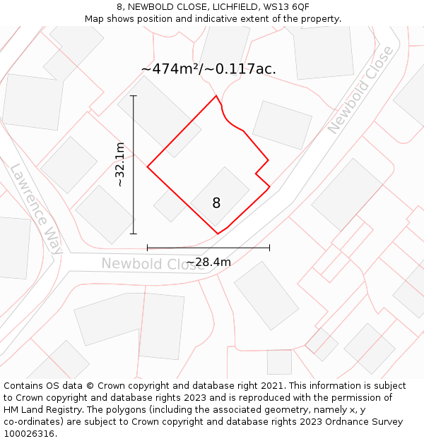 8, NEWBOLD CLOSE, LICHFIELD, WS13 6QF: Plot and title map