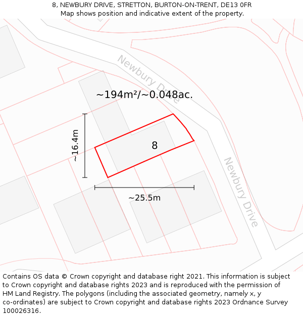 8, NEWBURY DRIVE, STRETTON, BURTON-ON-TRENT, DE13 0FR: Plot and title map
