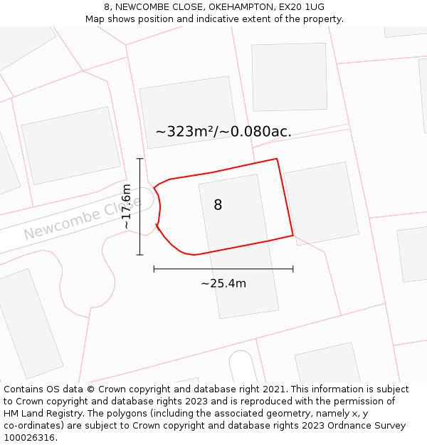 8, NEWCOMBE CLOSE, OKEHAMPTON, EX20 1UG: Plot and title map