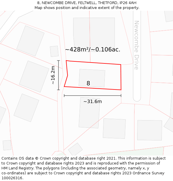 8, NEWCOMBE DRIVE, FELTWELL, THETFORD, IP26 4AH: Plot and title map