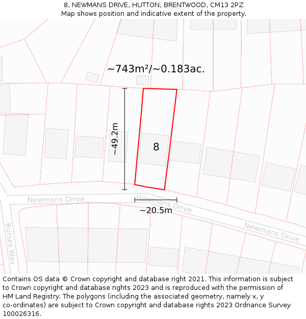 8, NEWMANS DRIVE, HUTTON, BRENTWOOD, CM13 2PZ: Plot and title map