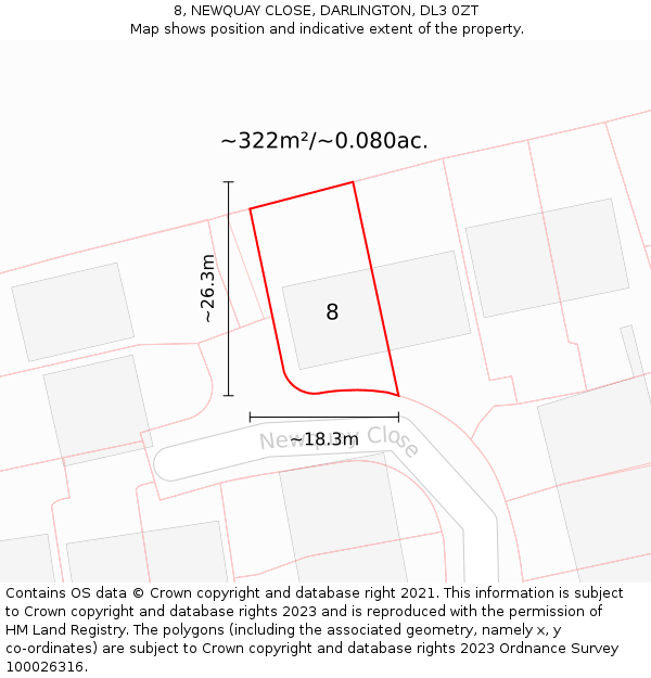 8, NEWQUAY CLOSE, DARLINGTON, DL3 0ZT: Plot and title map
