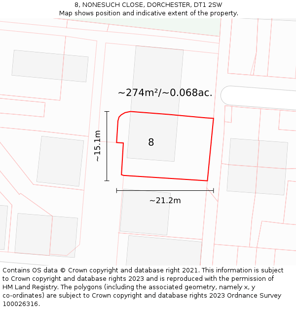 8, NONESUCH CLOSE, DORCHESTER, DT1 2SW: Plot and title map