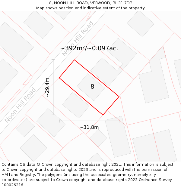 8, NOON HILL ROAD, VERWOOD, BH31 7DB: Plot and title map