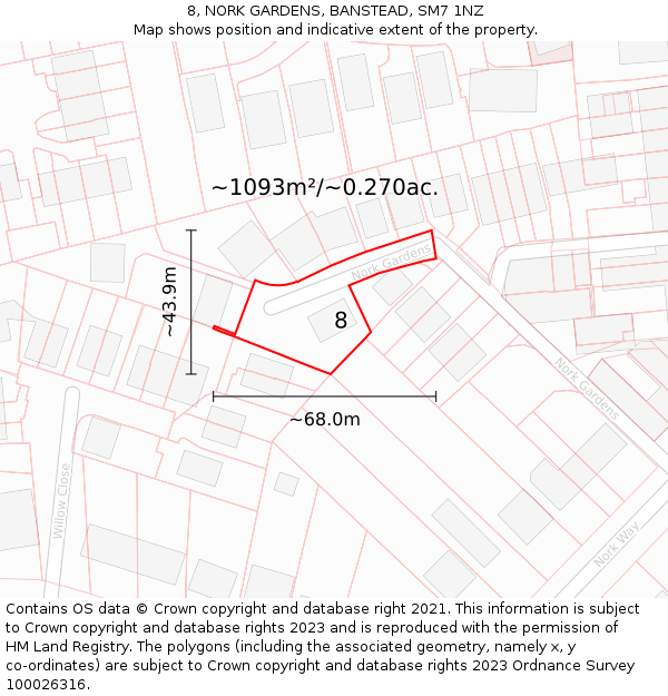 8, NORK GARDENS, BANSTEAD, SM7 1NZ: Plot and title map