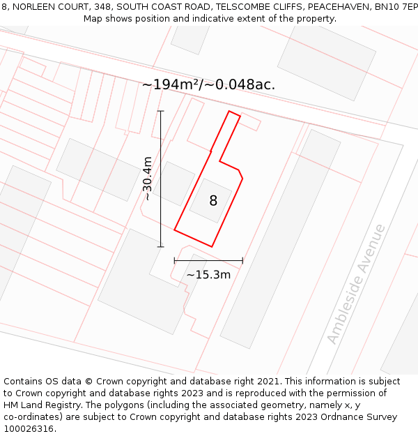 8, NORLEEN COURT, 348, SOUTH COAST ROAD, TELSCOMBE CLIFFS, PEACEHAVEN, BN10 7EP: Plot and title map