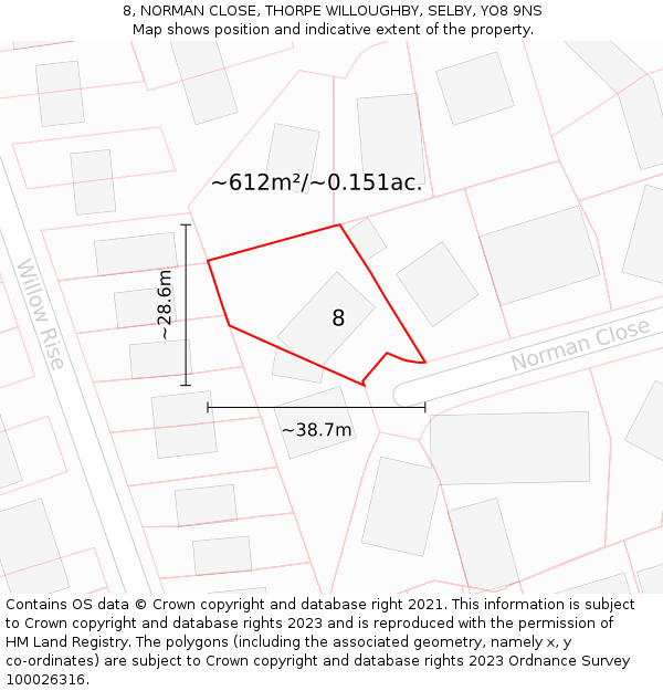 8, NORMAN CLOSE, THORPE WILLOUGHBY, SELBY, YO8 9NS: Plot and title map