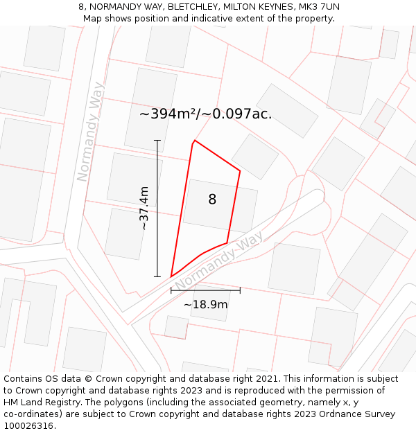 8, NORMANDY WAY, BLETCHLEY, MILTON KEYNES, MK3 7UN: Plot and title map